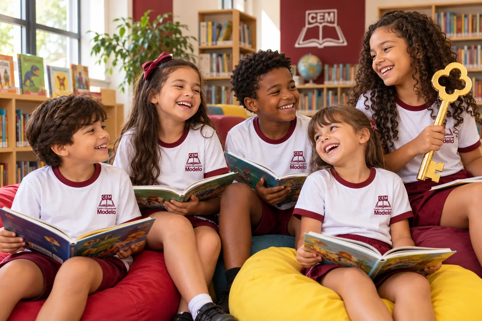 Alunos do Centro Educacional Modelo lendo livros na biblioteca, uma aluna segurando uma grande chave dourada